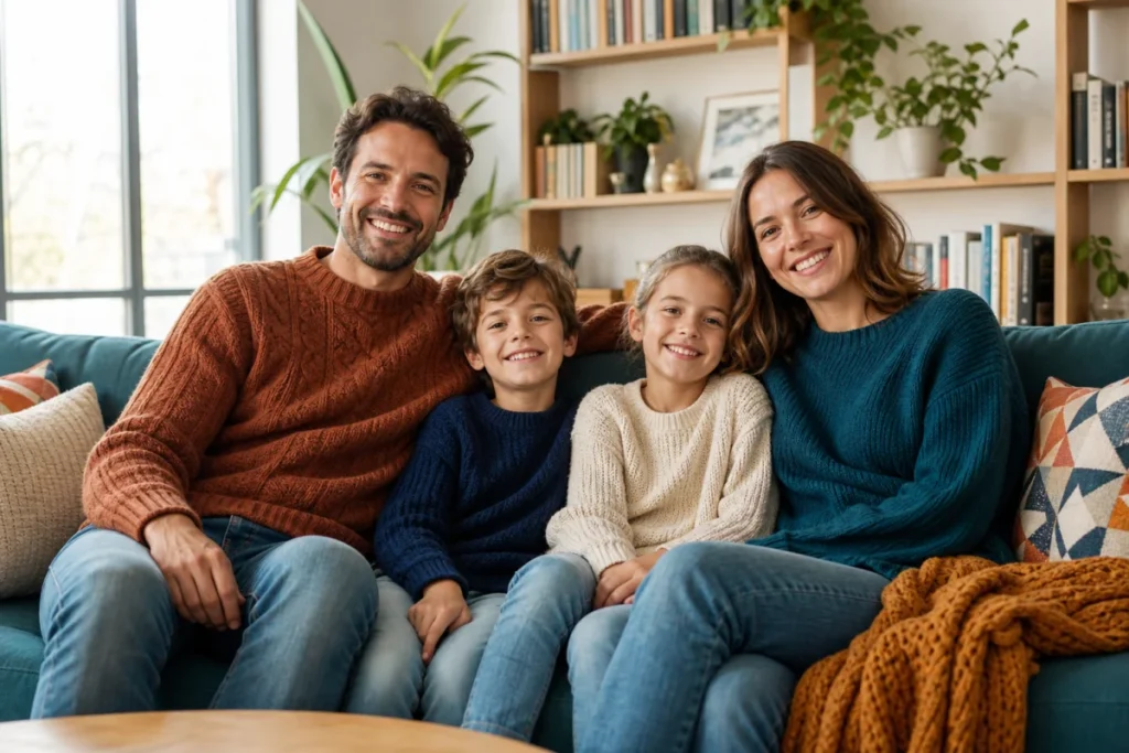 Famille joyeuse installée sur un canapé dans un salon moderne pour regarder un film à regarder en famille récent.