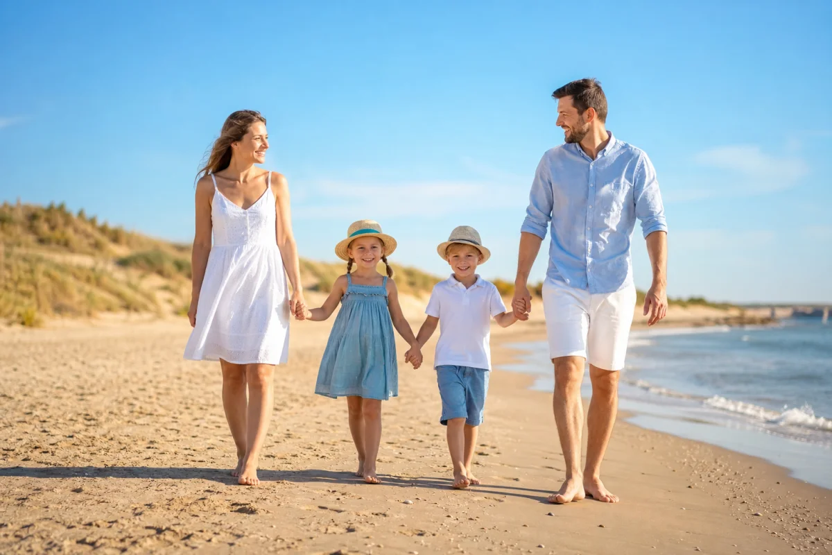 Famille heureuse marchant sur une plage de sable fin pour des vacances en août pas chères.