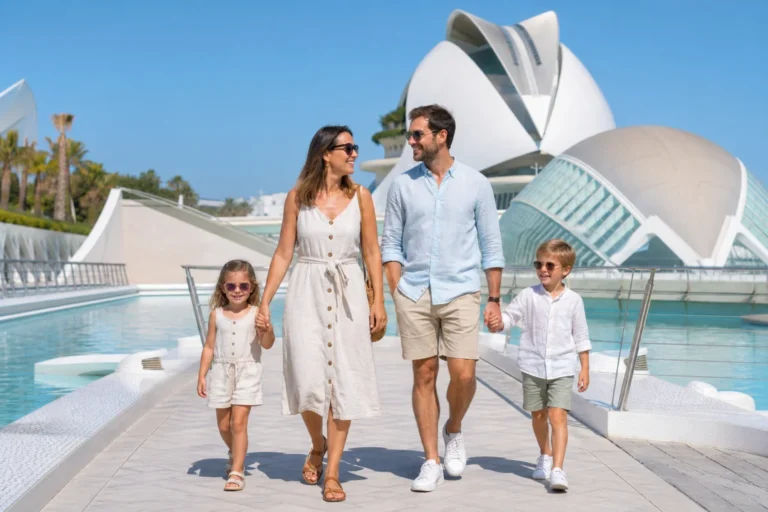 Famille joyeuse visitant la Cité des Arts et des Sciences à Valence pour des vacances en Espagne.