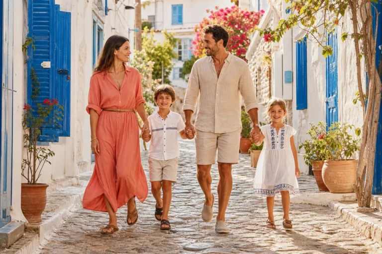 Famille heureuse marchant dans une ruelle typique du quartier historique lors de vacances à Ibiza en famille.