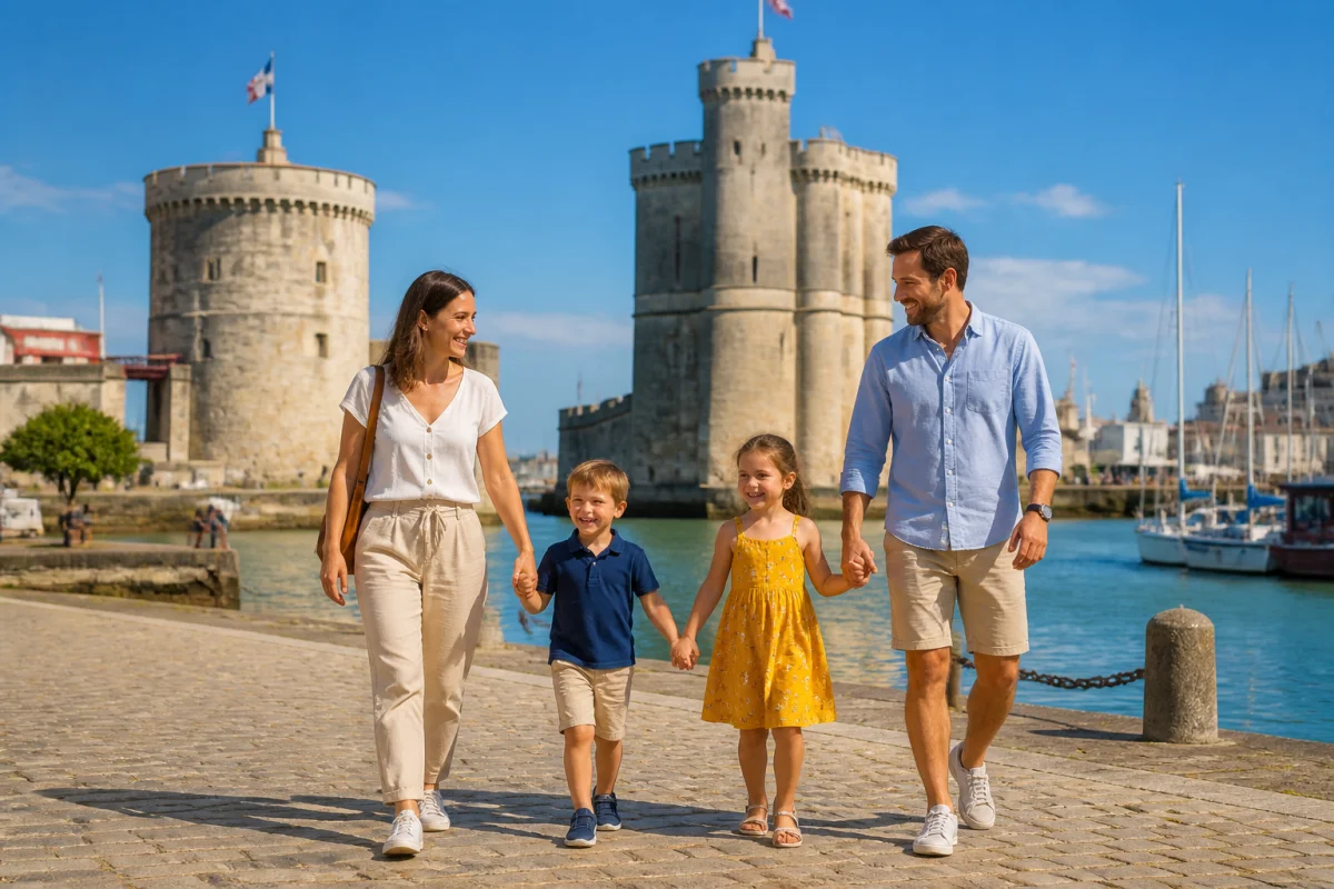 Famille souriante se promenant sur le Vieux-Port de La Rochelle devant les tours historiques lors de vacances.