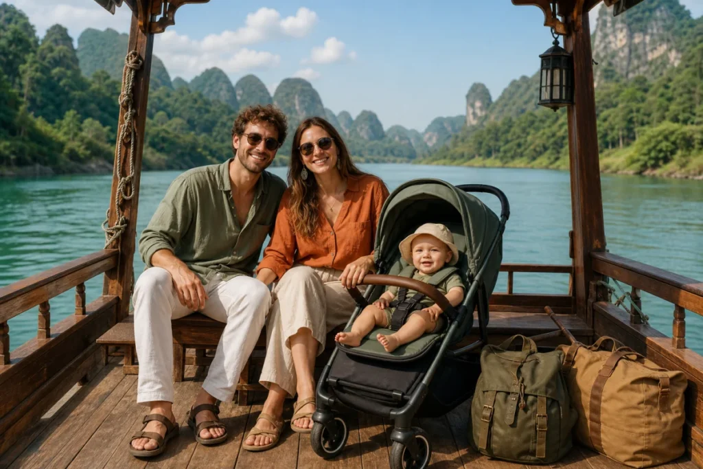 Famille en voyage au Vietnam naviguant sur un bateau traditionnel entouré de collines verdoyantes et d'eau calme.