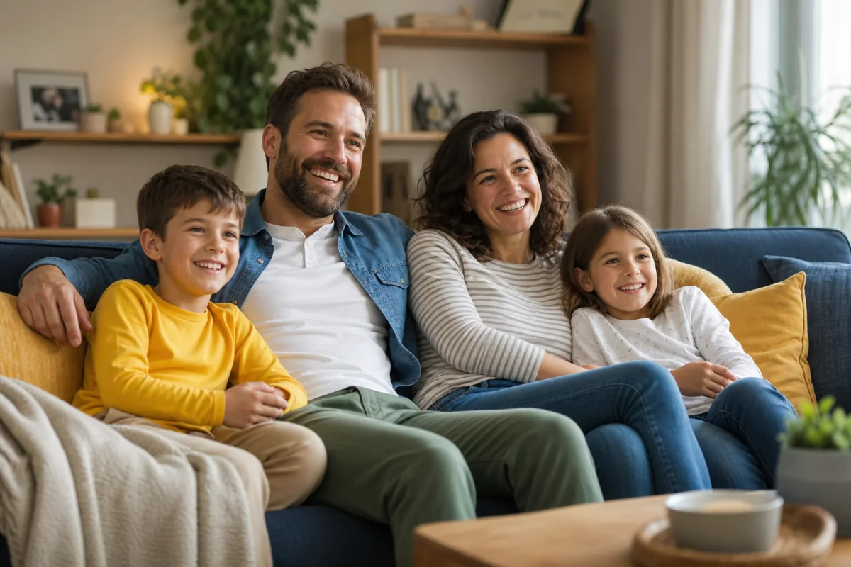 Famille souriante assise sur un canapé confortable pour regarder un film à regarder en famille récent.