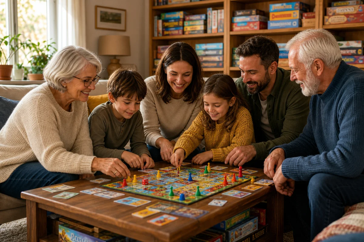 Famille multigénérationnelle souriante partageant un jeu de société dans un salon chaleureux, idéale comme idée cadeau pour la famille.