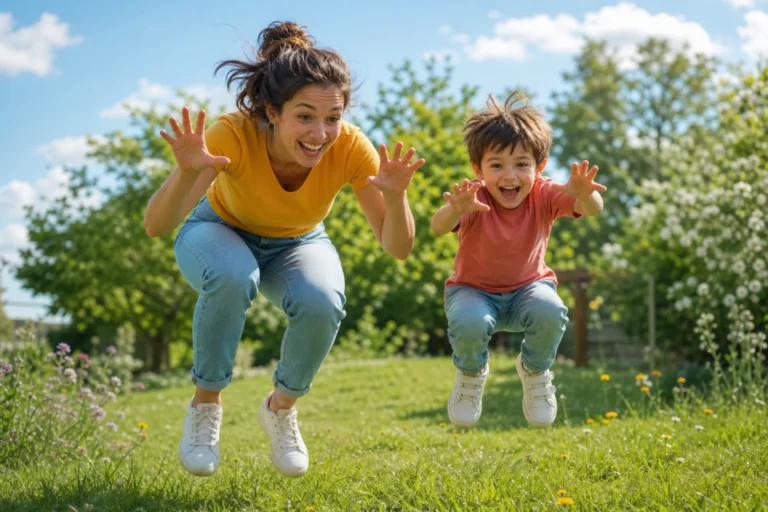 Mère et fils s'amusent en imitant des animaux lors d'un jeu en famille sans matériel dans un jardin.