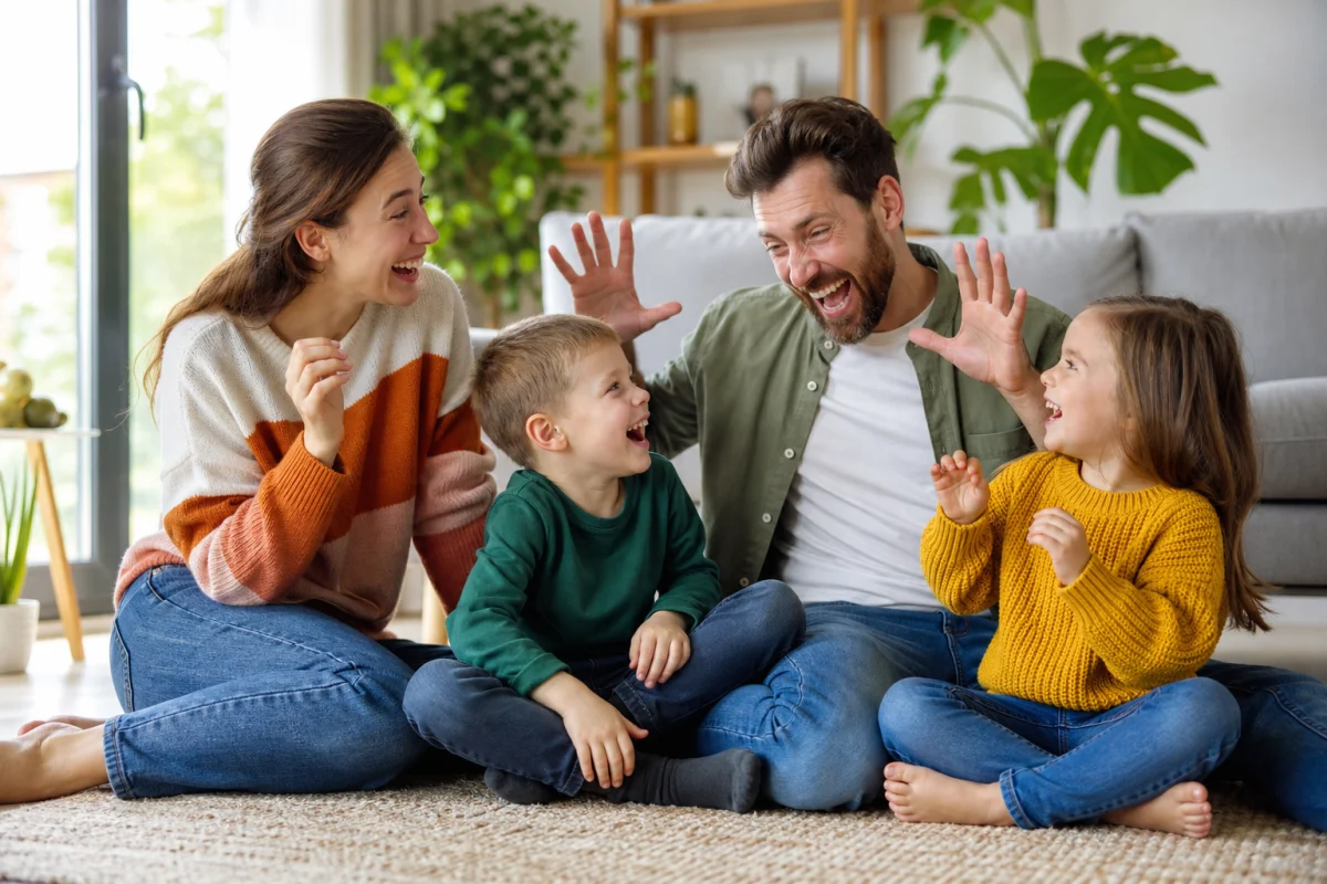 Famille heureuse jouant ensemble dans un salon lumineux, illustrant une idée de jeu en famille sans matériel.