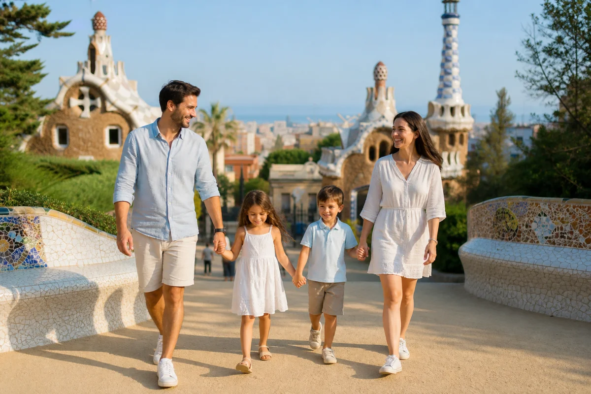 Famille souriante marchant dans le parc Güell lors d'un voyage en Espagne en famille sous le soleil.