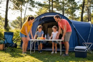 Famille heureuse installant un pique-nique devant leur tente dans un camping arboré pour des vacances pas chères en août.