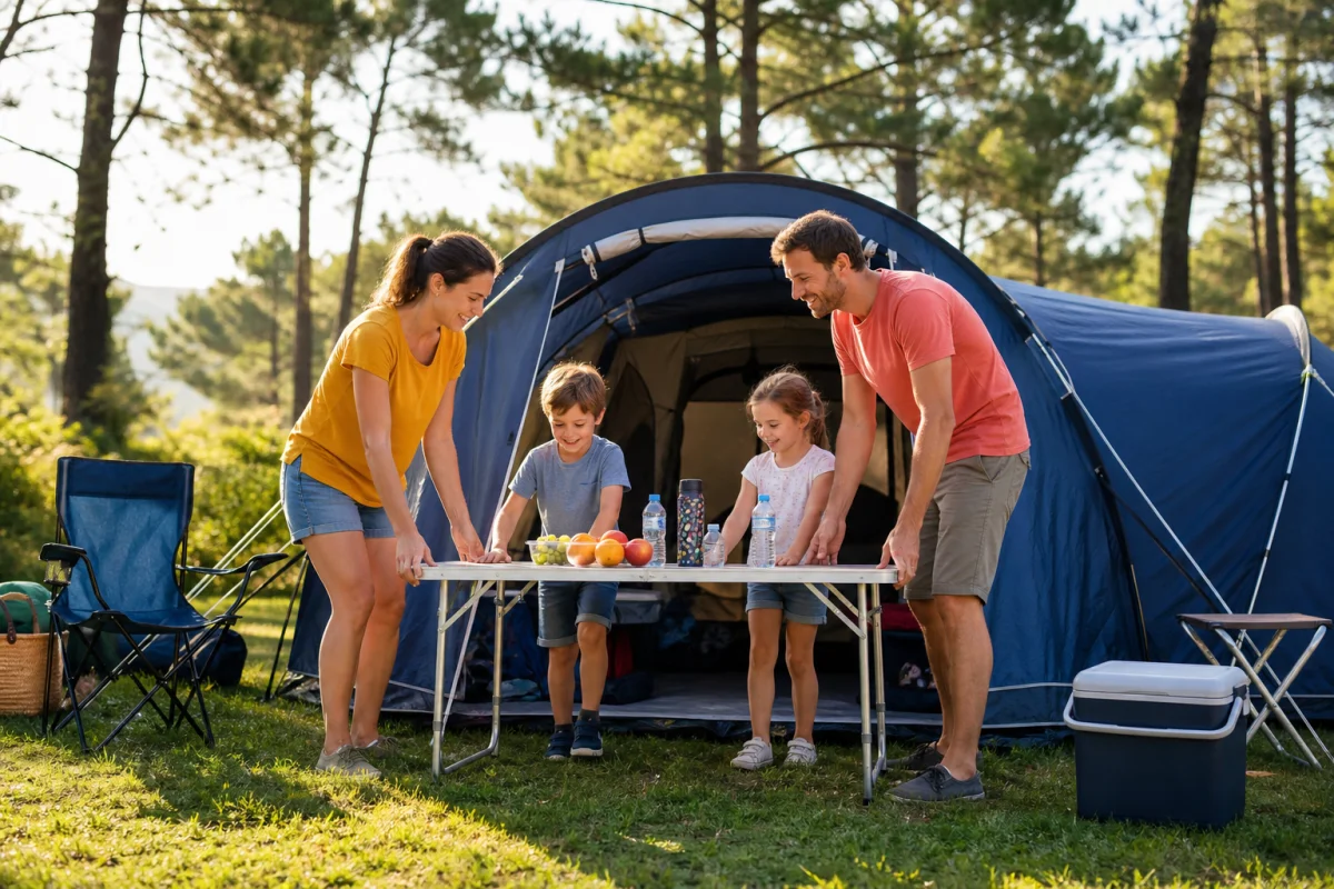 Famille heureuse installant un pique-nique devant leur tente dans un camping arboré pour des vacances pas chères en août.