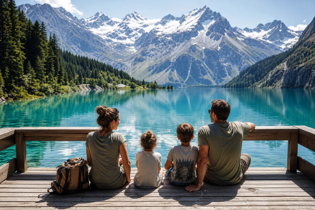 Famille heureuse contemplant un lac alpin et des montagnes lors de vacances en famille en Italie.
