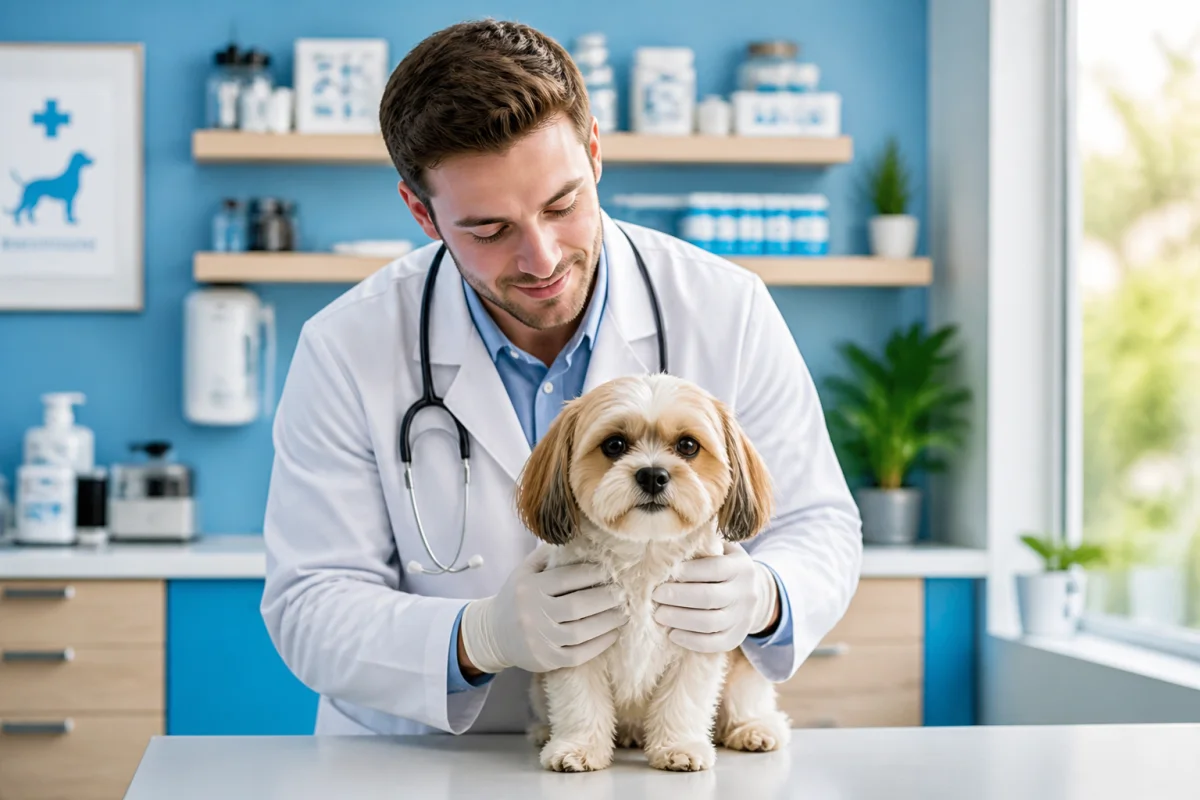 Vétérinaire bienveillant examinant un petit chien dans un dispensaire moderne pour illustrer une aide aux animaux.