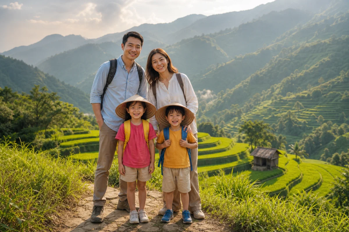 Famille souriante explorant les rizières en terrasse verdoyantes lors d'un voyage au Vietnam en famille.