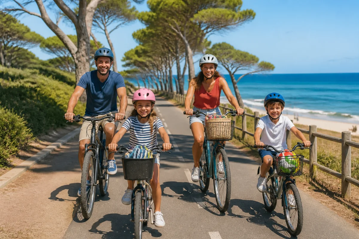 Famille souriante faisant du vélo sur une piste cyclable côtière à Royan lors de vacances ensoleillées en bord d'océan.