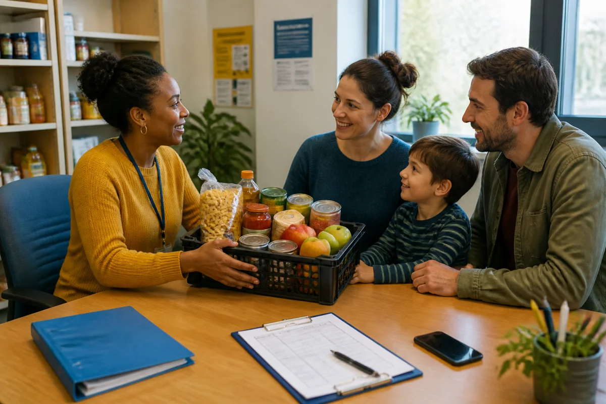 Conseillère sociale remettant un panier alimentaire à une famille, avec formulaire administratif illustrant l’aide alimentaire Caf