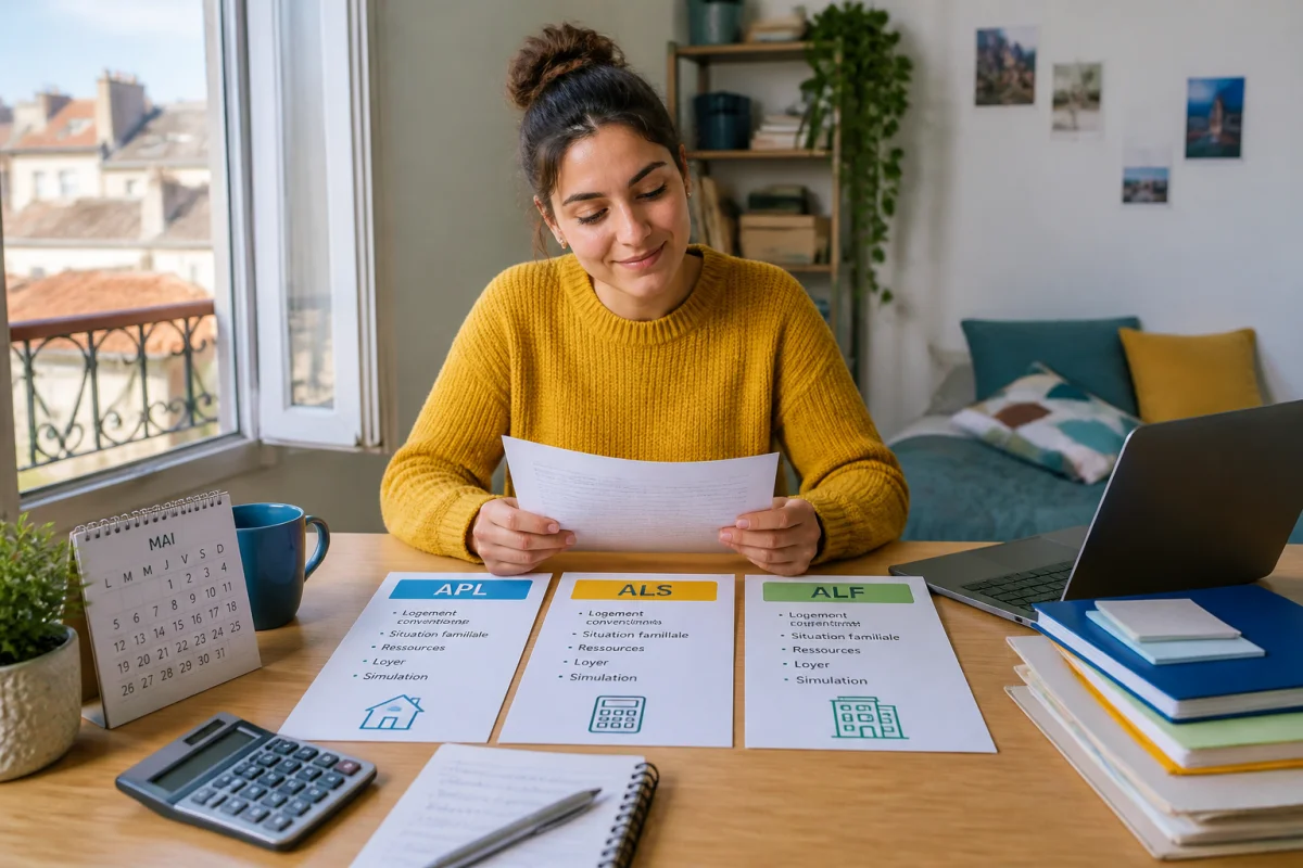 Étudiante comparant les aides CAF APL, ALS et ALF pour financer son logement dans un appartement lumineux