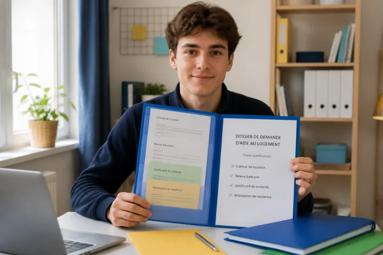 Étudiant présentant un dossier d’aide au logement Caf avec justificatifs administratifs classés dans son logement étudiant