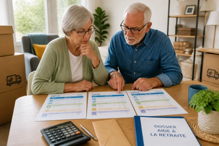 Couple de retraités comparant des devis de déménagement avec calculatrice et dossier d’aide retraite Arrco.