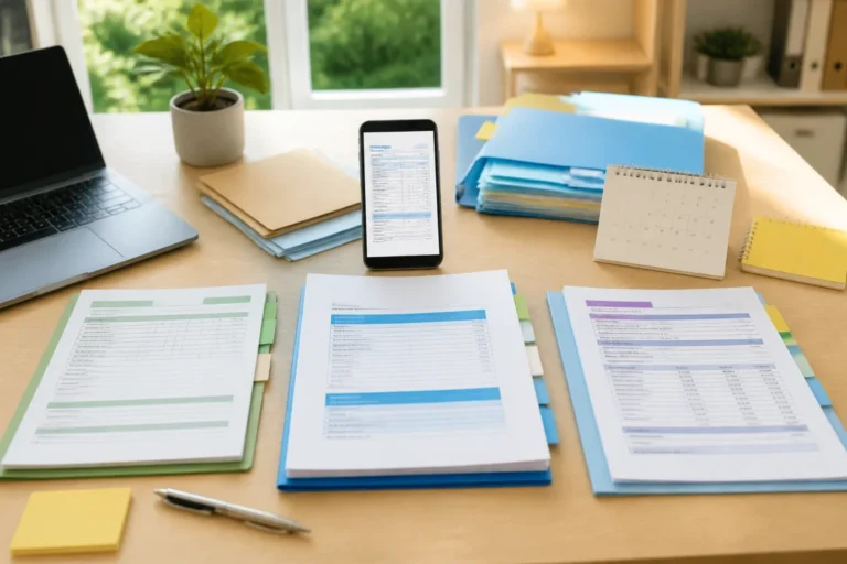 Dossier de retraite organisé avec documents administratifs, smartphone et ordinateur dans un bureau lumineux et rassurant