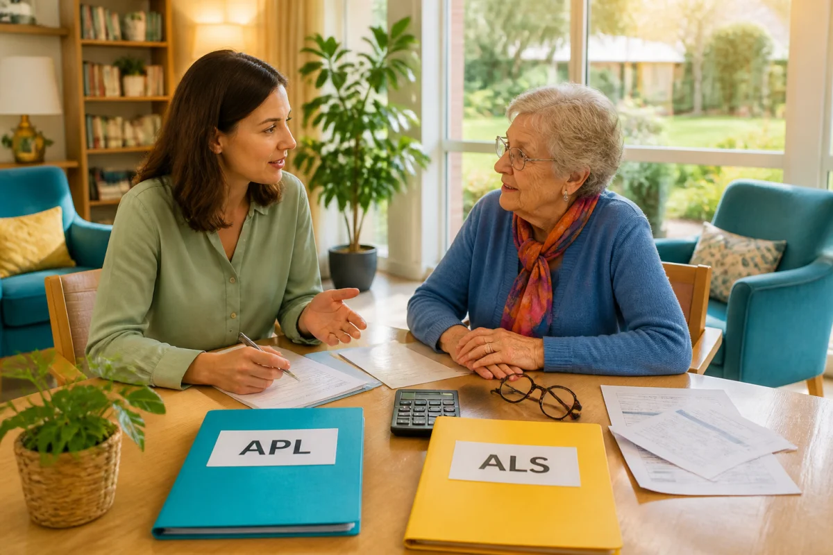 Aide en maison de retraite : conseillère sociale expliquant à une résidente la différence entre APL et ALS
