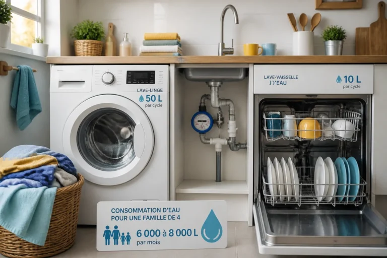 Lave-linge et lave-vaisselle illustrant la consommation moyenne d’eau d’une famille de 4 personnes dans une cuisine familiale