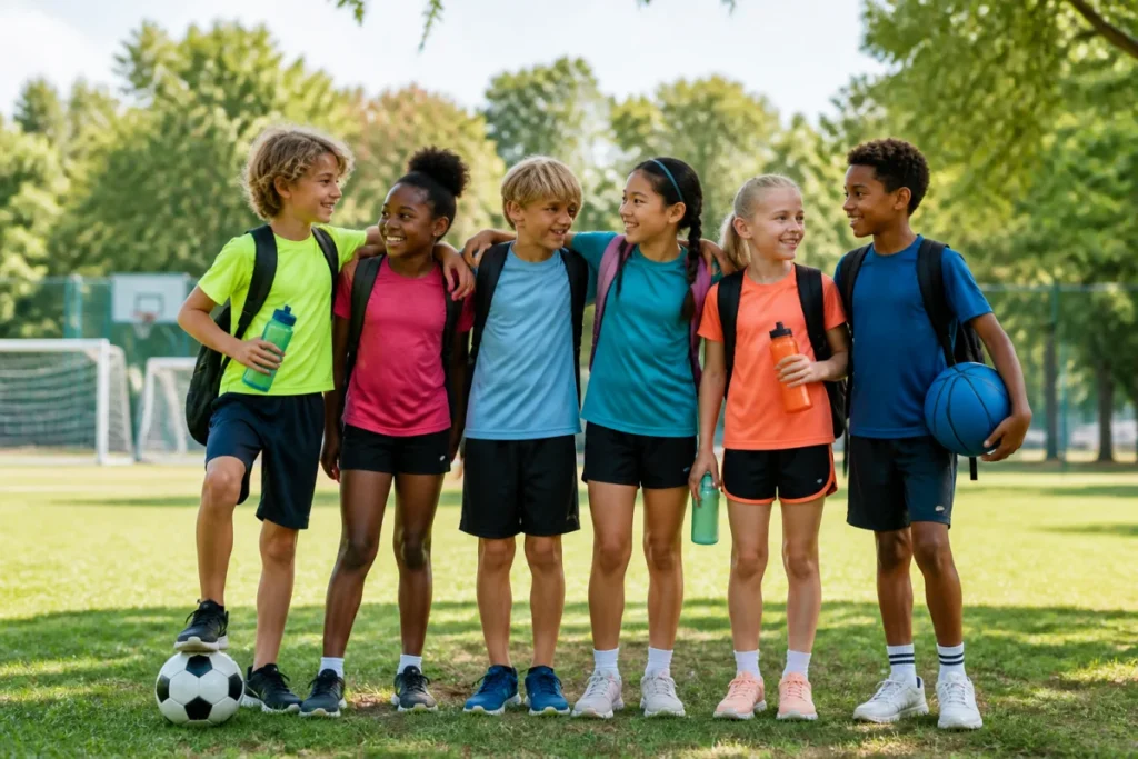 Enfants joyeux en tenue de sport dans un parc, illustrant les activités permises par l'aide au temps libre CAF.