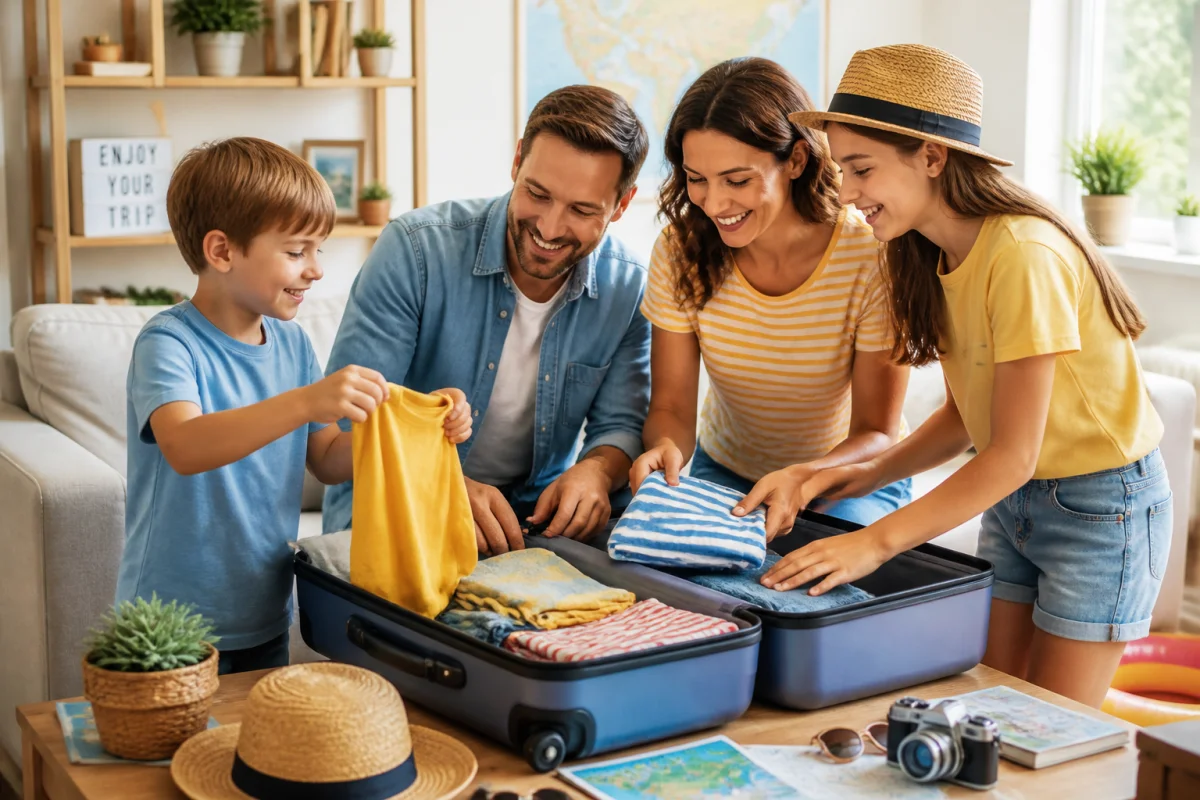 Famille souriante préparant ses bagages pour les vacances grâce à l'aide au temps libre CAF dans un salon lumineux.