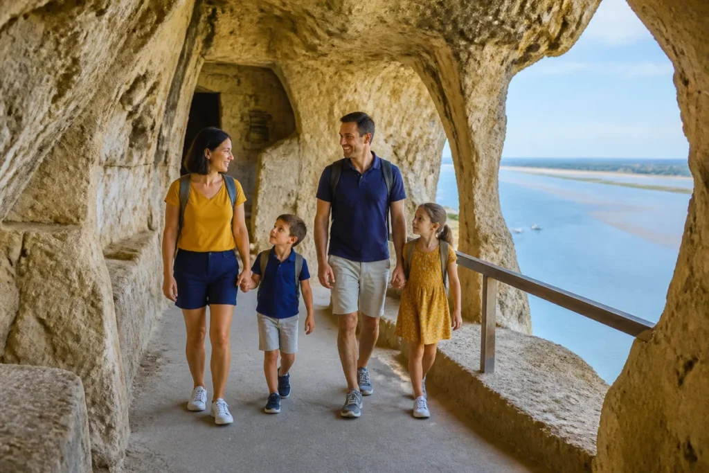 Famille explorant les grottes troglodytiques de Royan avec vue panoramique sur l'estuaire, idéale pour une sortie en famille.