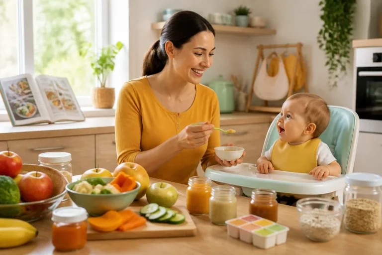 Aide alimentaire Caf : jeune parent préparant un repas équilibré pour bébé dans une cuisine familiale lumineuse