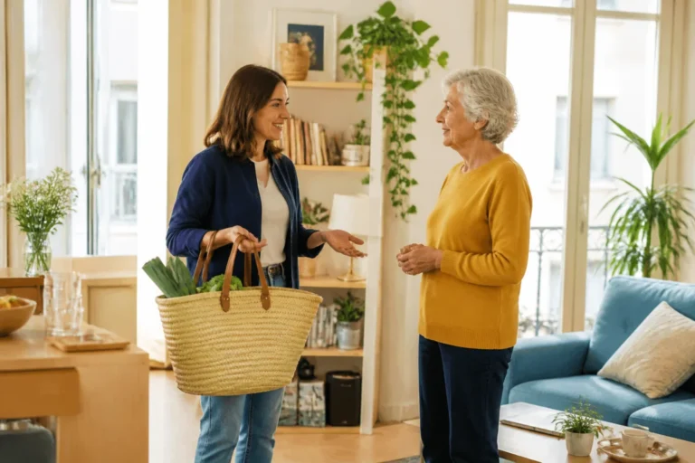 Personne âgée échangeant sereinement avec une aide à domicile dans le respect de son autonomie
