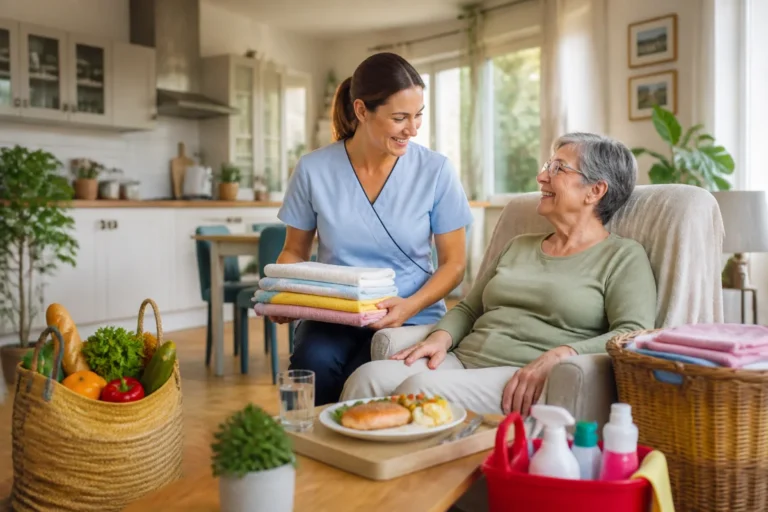 Aide à domicile accompagnant une personne âgée, entre linge, courses et repas préparé dans un intérieur chaleureux