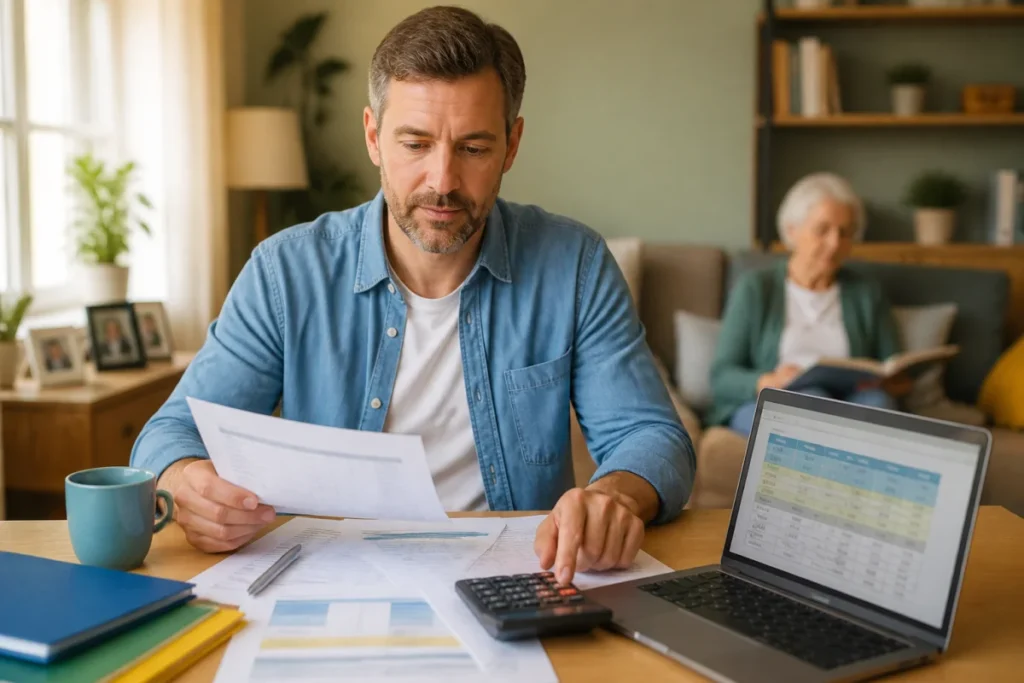 Aidant familial consultant son salaire, une calculatrice et des documents administratifs pour comprendre qui paie sa rémunération