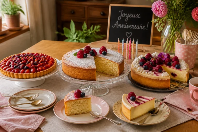 Assortiment de gâteaux et tartes maison pour une recette de repas d’anniversaire en famille, décorés de fruits frais et de bougies