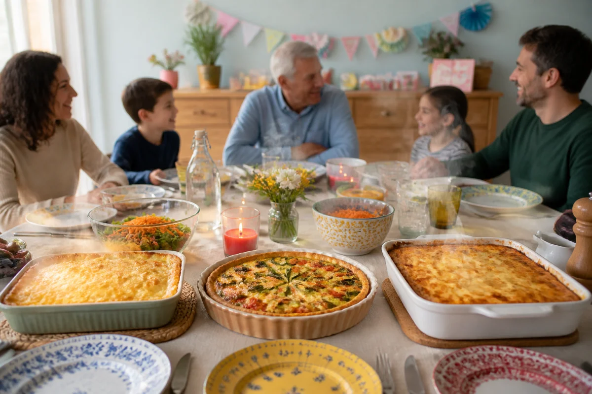 Repas d’anniversaire en famille autour d’un gratin doré, d’une quiche aux légumes et d’un parmentier fumant