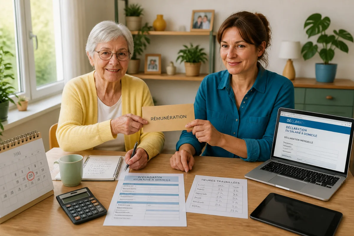 Personne âgée remettant une enveloppe à son proche aidant salarié, illustrant qui paye le salaire d’un aidant familial.