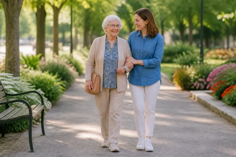 Accompagnement d’une personne âgée par un aidant lors d’une promenade dans un parc accessible