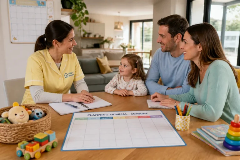 Aide à domicile échange avec des parents autour d’un planning familial, dans une maison chaleureuse avec un jeune enfant.