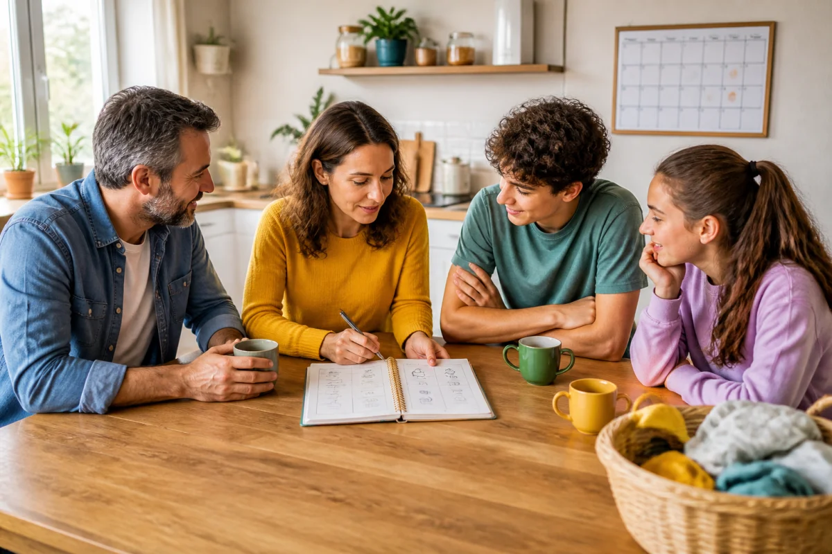 Famille réunie autour d’une table pour organiser ses besoins d’aide à domicile familiale