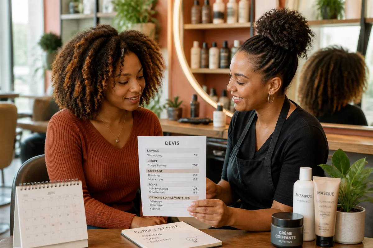 Cliente aux cheveux texturés échangeant avec une coiffeuse sur un devis détaillé pour financer une coiffure abordable.