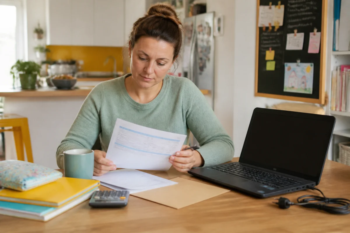 Mère examinant une facture d’électricité, ordinateur déchargé et documents prêts pour demander une aide financière