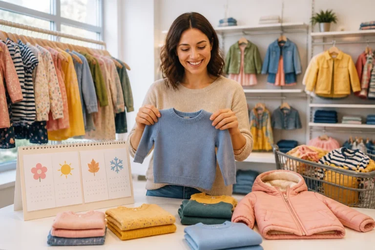 Parent choisissant des vêtements pour enfants en boutique, avec calendrier saisonnier, panier et aide vêtements enfants CAF.