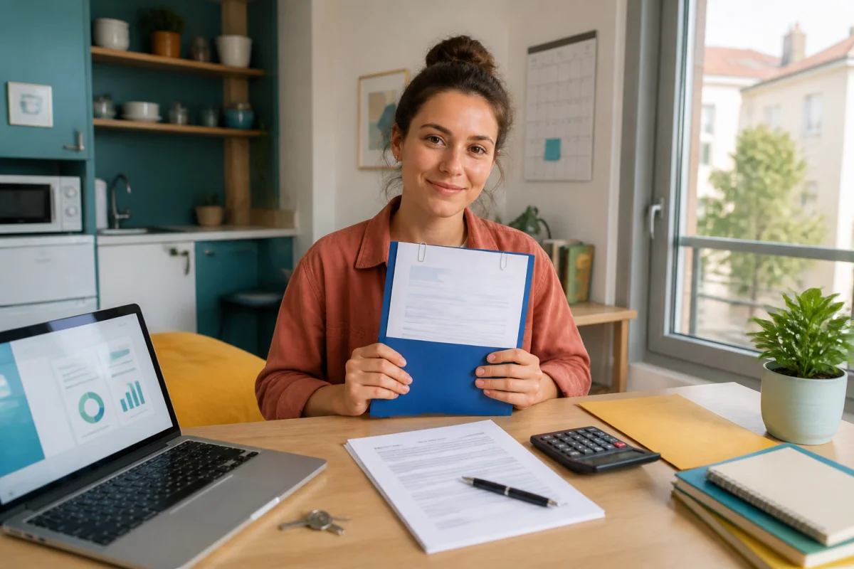 Étudiant préparant une demande d’aide au logement avec bail signé et calculatrice dans un studio lumineux