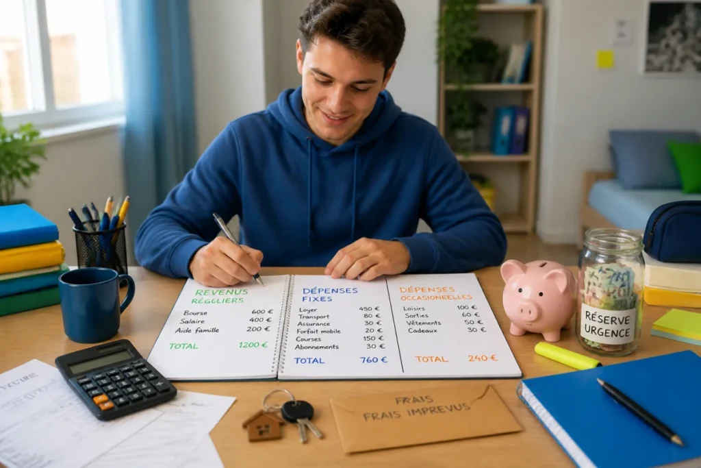 Étudiant organisant ses aides pour financer les études avec un budget détaillant revenus, dépenses et réserve d’urgence