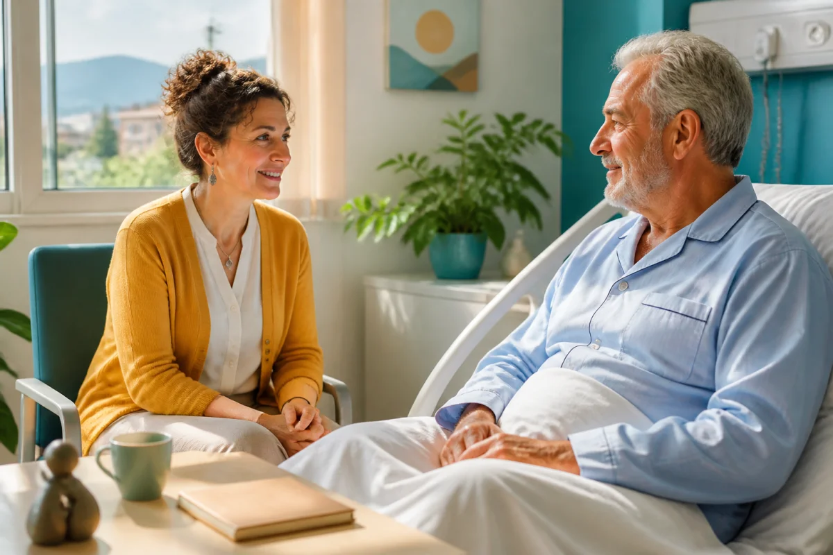 Aumônerie hôpitaux Pau : accompagnante spirituelle échangeant chaleureusement avec un patient dans une chambre lumineuse