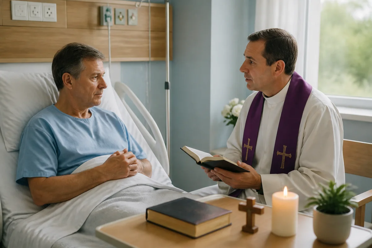 Aumônerie Hôpitaux Pau : aumônier catholique priant avec un patient dans une chambre hospitalière lumineuse