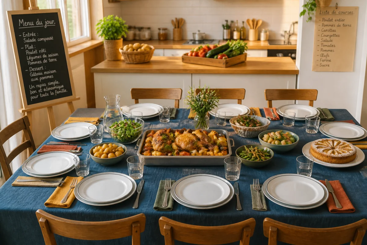 Repas de famille économique dressé pour huit personnes, illustrant un budget repas de famille maîtrisé et convivial