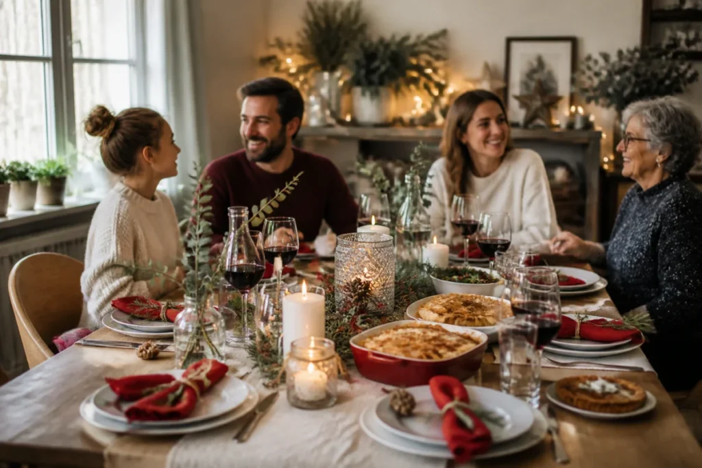 Table de repas familiale festive et économique, plats faits maison, décoration réutilisée et convives souriants