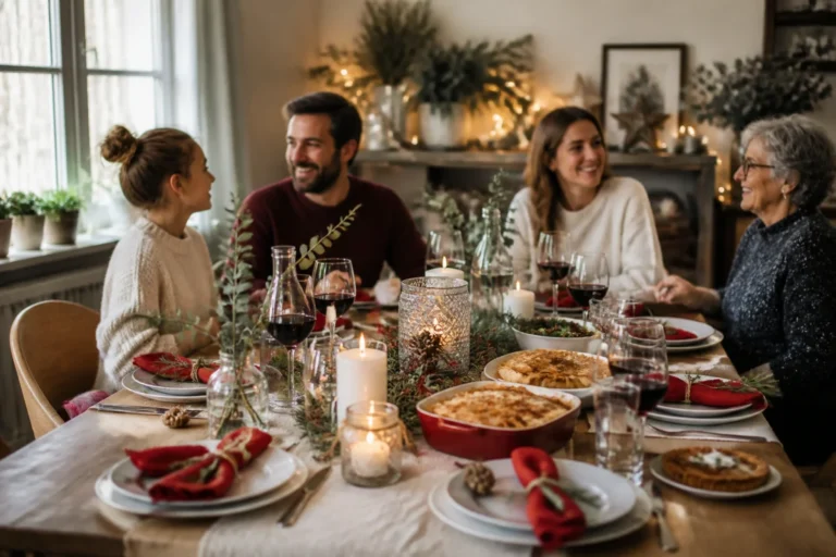 Table de repas familiale festive et économique, plats faits maison, décoration réutilisée et convives souriants