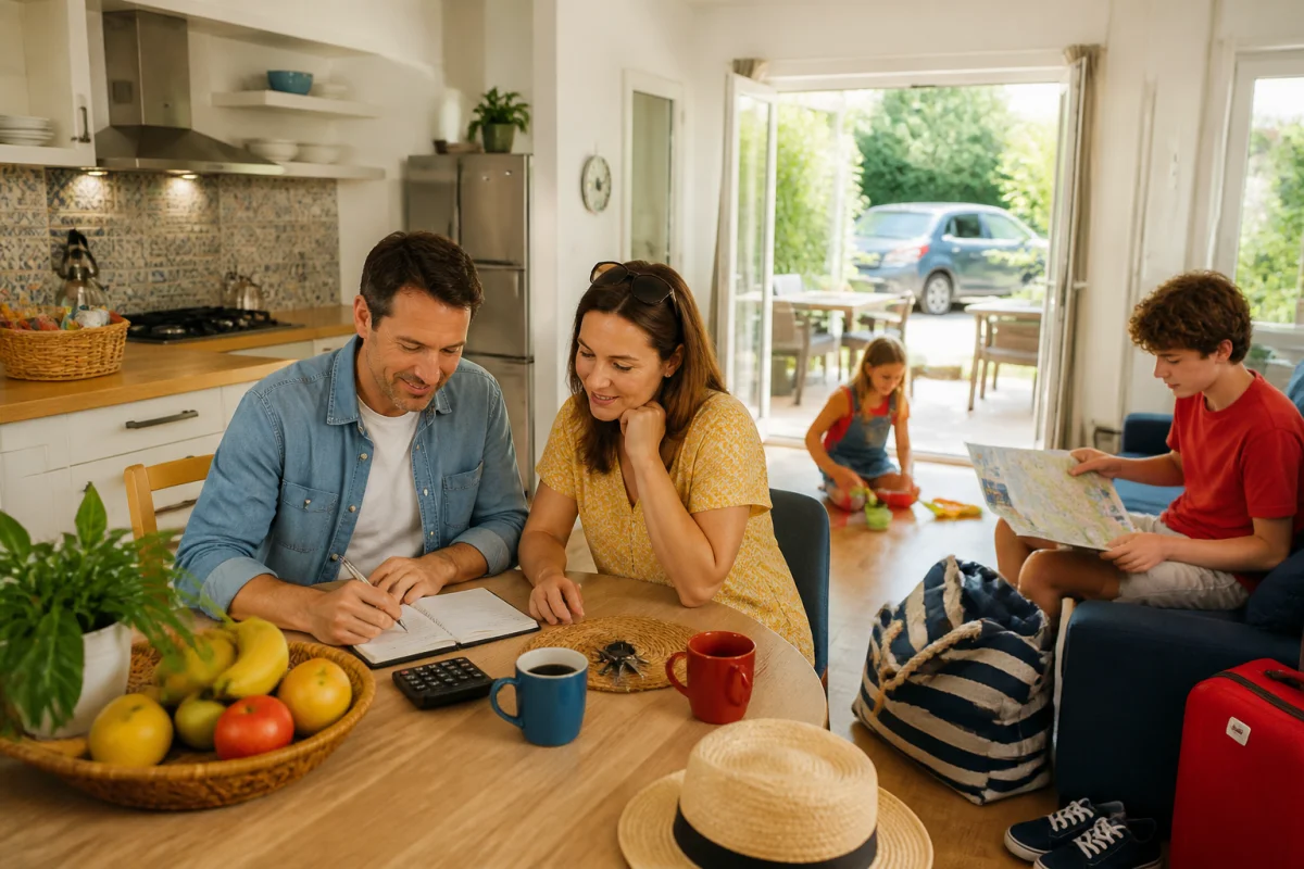 Parents organisant un budget vacances en famille dans un appartement lumineux, entourés de leurs enfants et de sacs de voyage