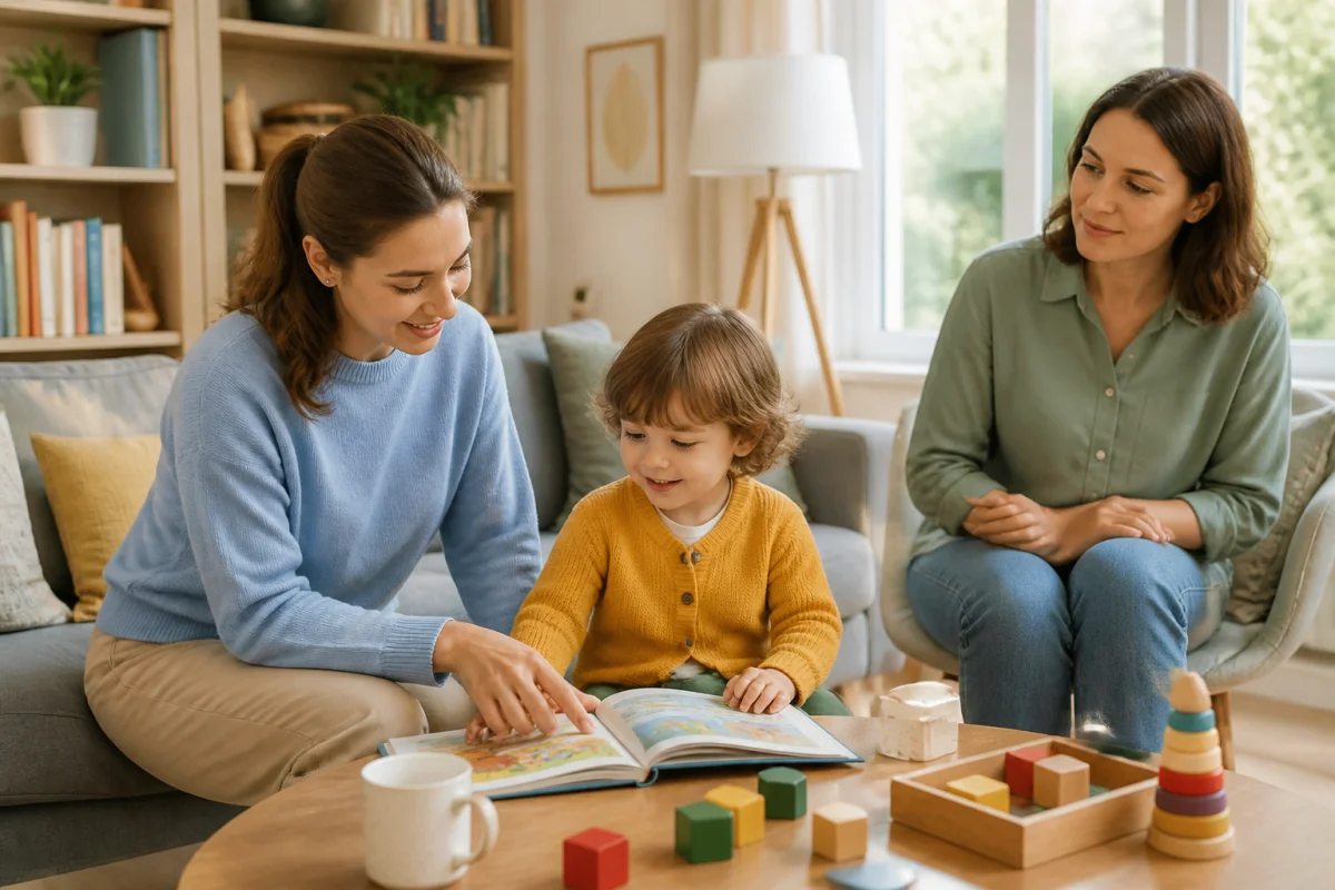 Mère observant une candidate à la garde d’enfant lors d’une activité calme avec un jeune enfant à domicile