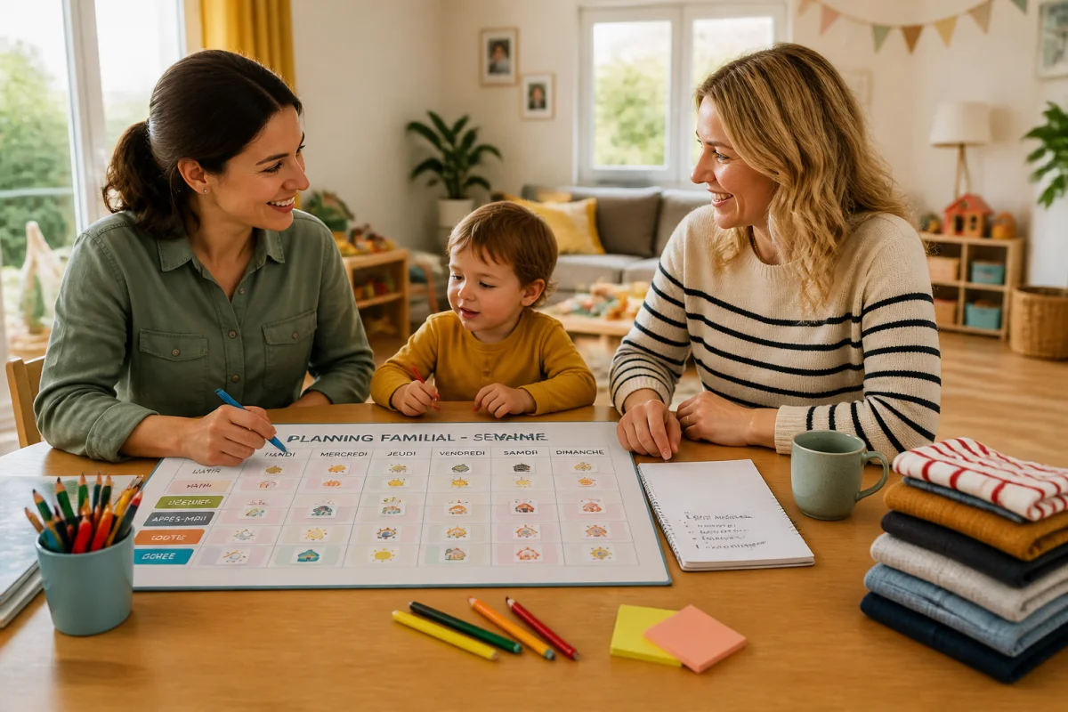Choisir une garde d’enfant à domicile autour d’un planning familial, avec parent et professionnelle réunis.